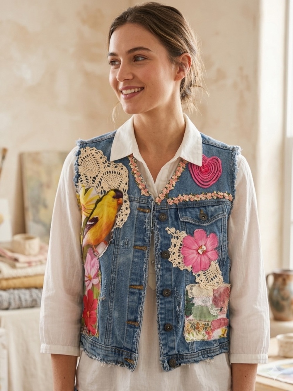 Upcycled Artesian Mixed Media Denim Vest L/XL